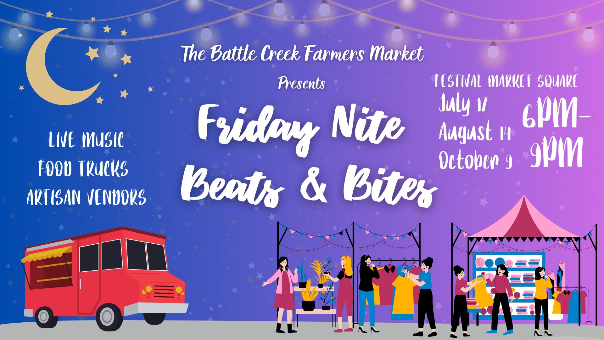 Friday Nite Beats & Bites graphic which includes information on this years event